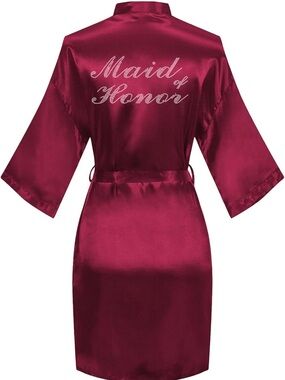 Maid of Honor Burgundy Satin Robe, Rhinestone Back